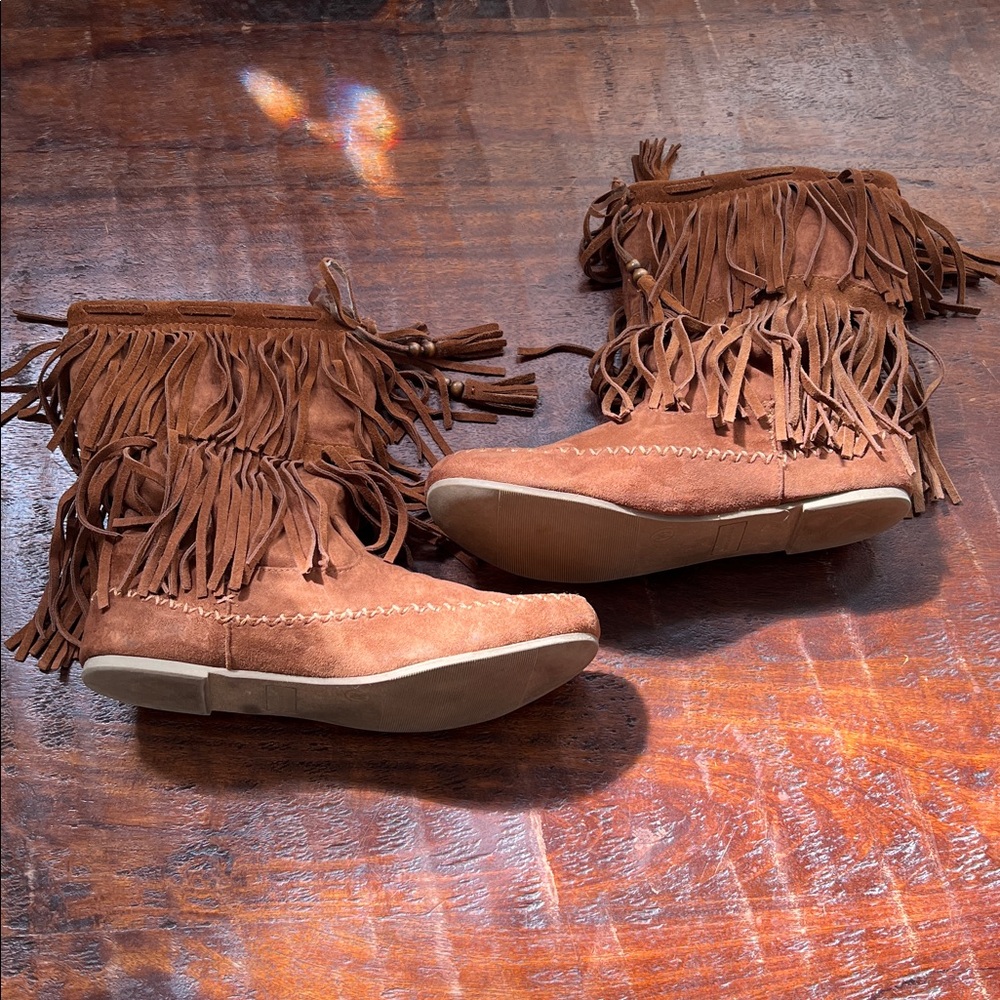 MOSSIMO Ankle Boots Double Fringe Suede Leather Chestnut Brown Women's Size 10 - Picture 2 of 11